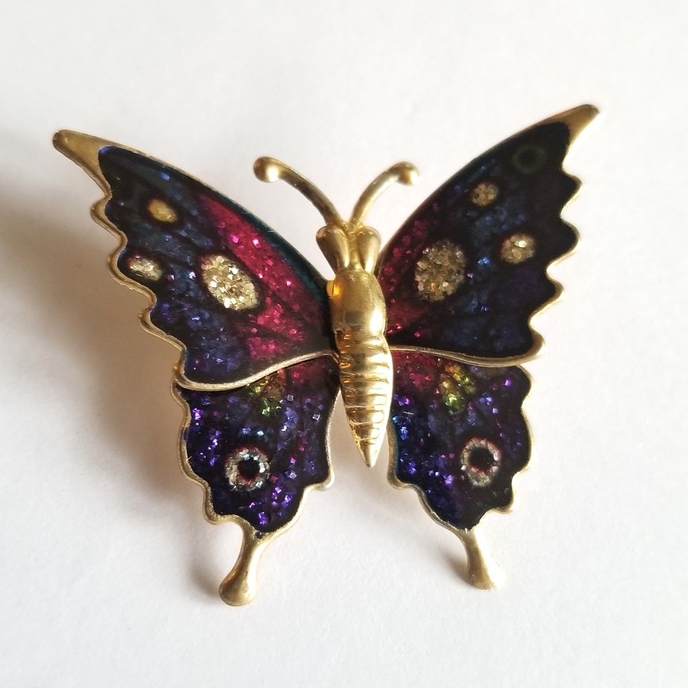 Vintage butterfly brooch glitter enamel pink purple gold tone pin moth